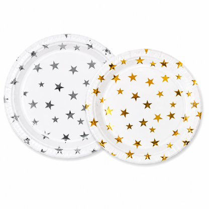 Gold & Silver Celebration Star Paper Plate with metallic foil stars on white background