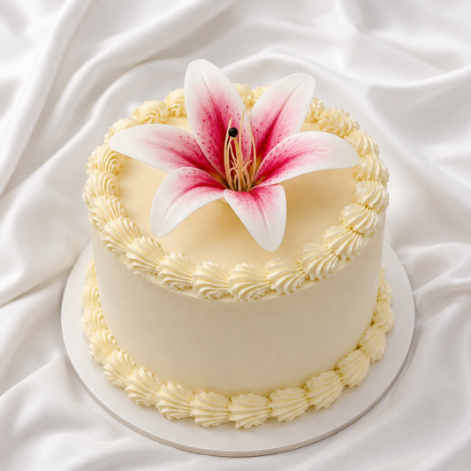White cake with a pink flower on a white fabric background