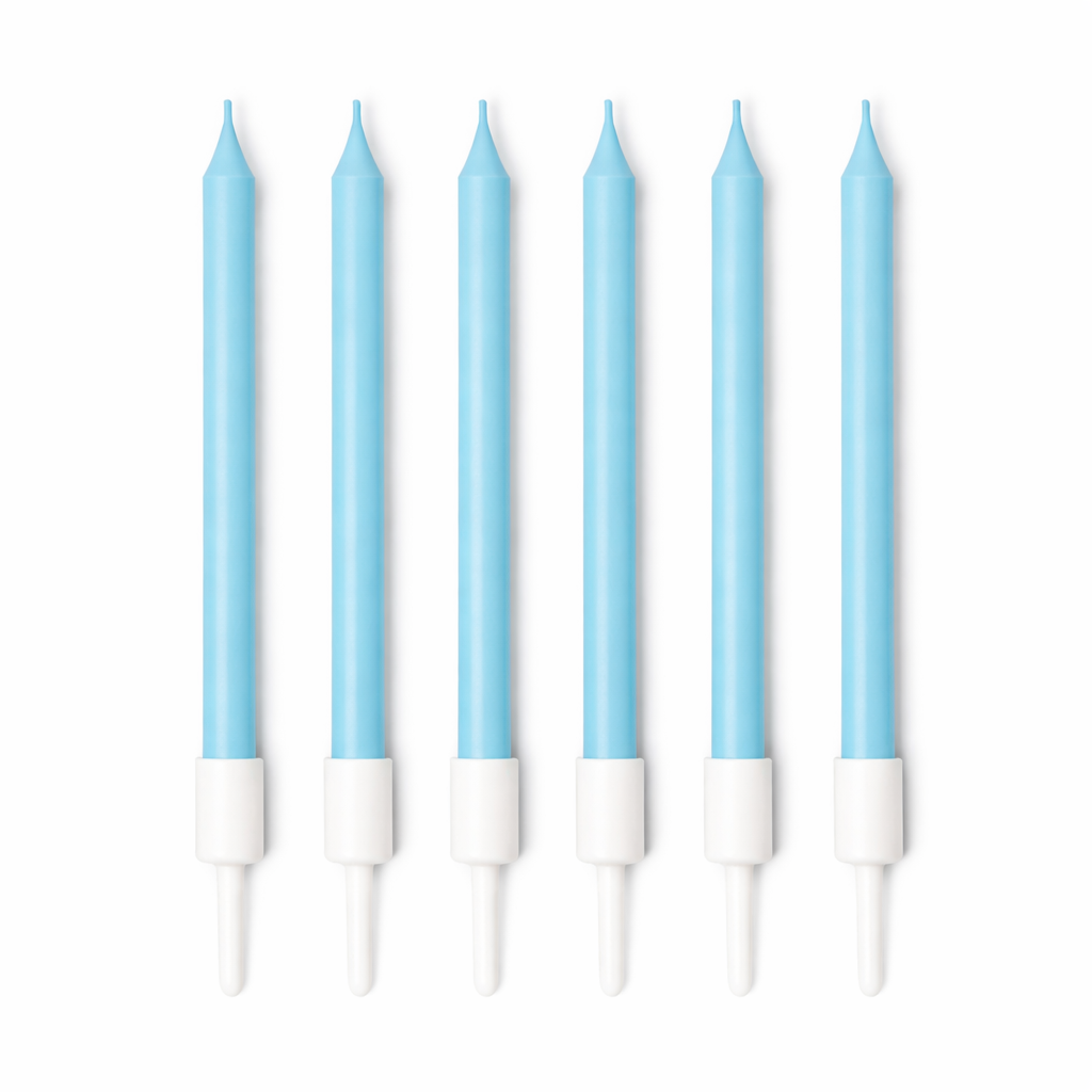 Set of six blue candles with white bases 