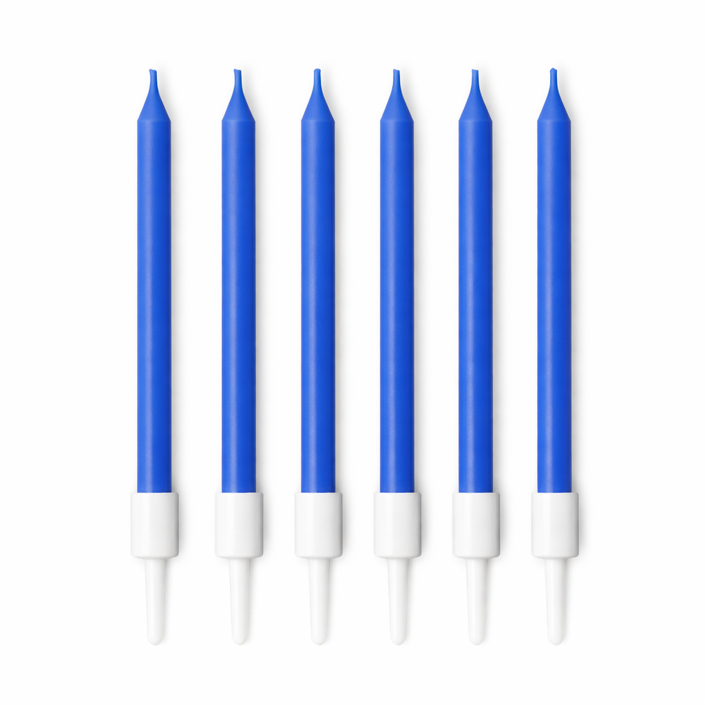 Set of six blue candles with white bases