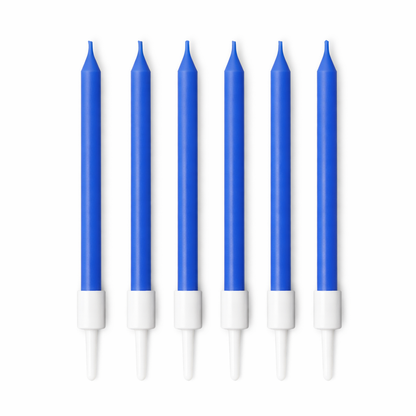Set of six blue candles with white bases