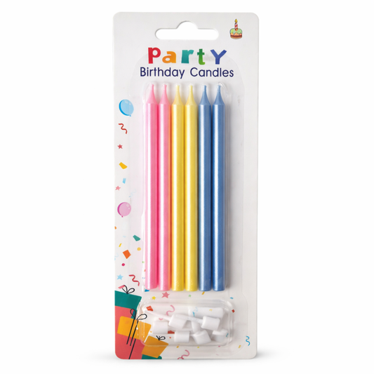 Classic Multicolor Candle Set with pink, yellow, and blue candles, perfect for birthdays and festive celebrations.
