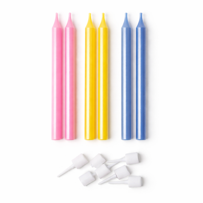 Classic Multicolor Candle Set with pink, yellow, and blue candles, perfect for birthdays and festive celebrations.