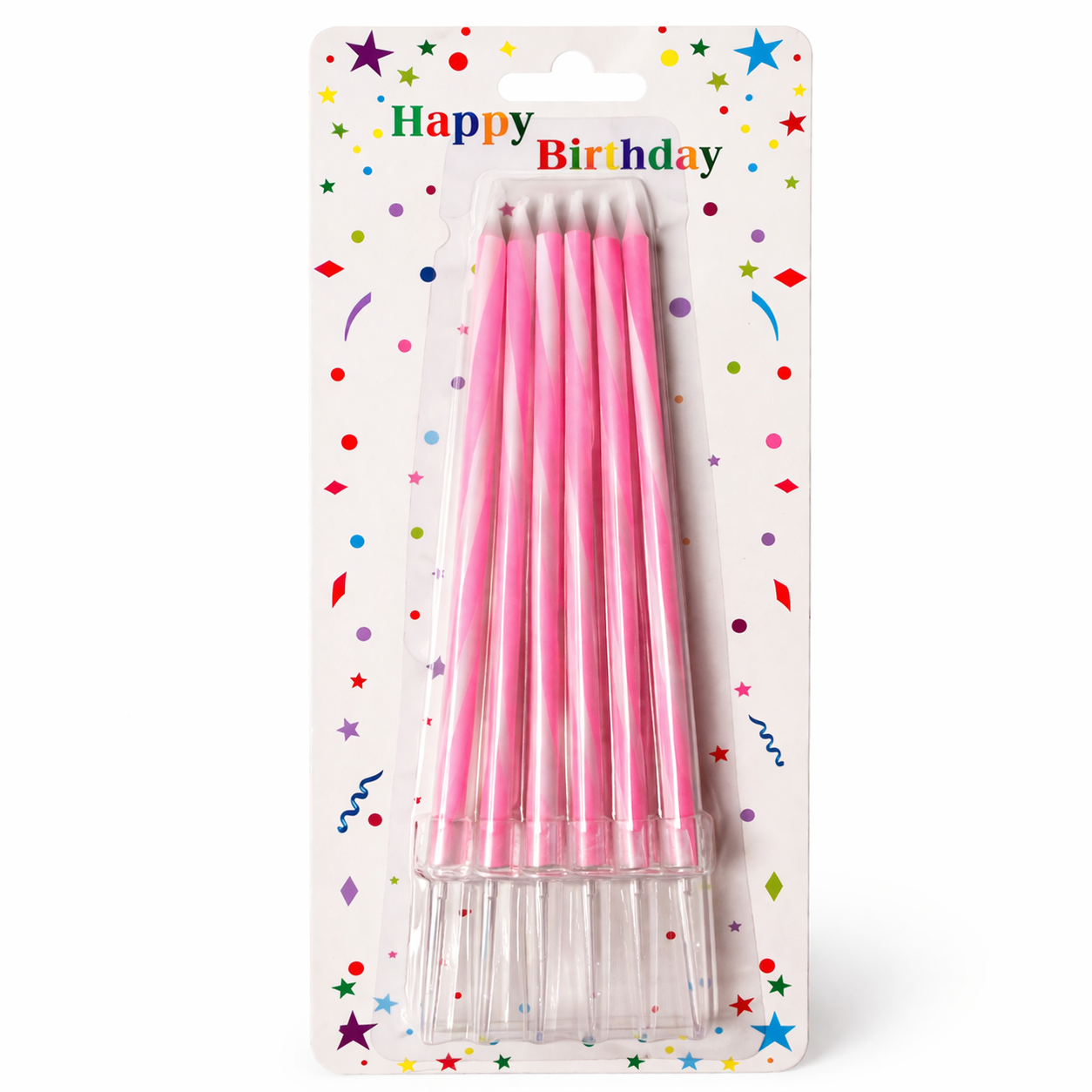Pack of pink birthday candles on a colorful 'Happy Birthday' themed card