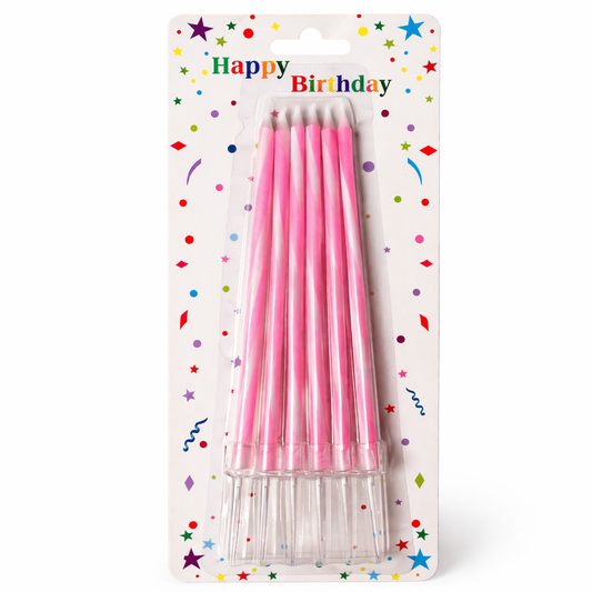 Pack of pink birthday candles on a colorful 'Happy Birthday' themed card