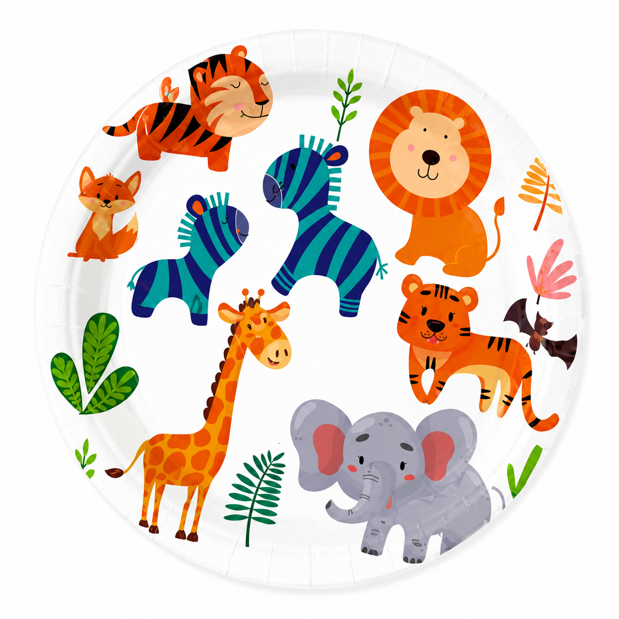 Cute Safari Animal Plates with colorful jungle animal illustrations and fun party theme