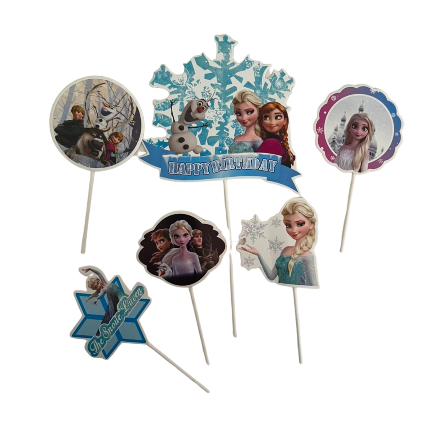 A set of six Frozen movie-themed cake toppers on white sticks, featuring characters Elsa, Anna, Olaf, and Sven on various shapes including a snowflake, puzzle piece, and circular designs.