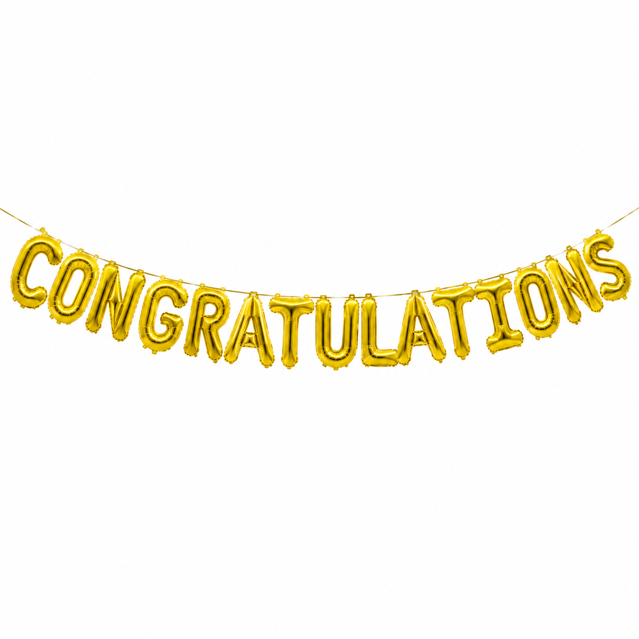 Gold 'CONGRATULATIONS' balloon banner on a white background