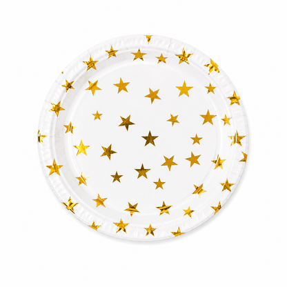 Gold Celebration Star Paper Plate with metallic foil stars on white background