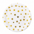 Gold Celebration Star Paper Plate with metallic foil stars on white background