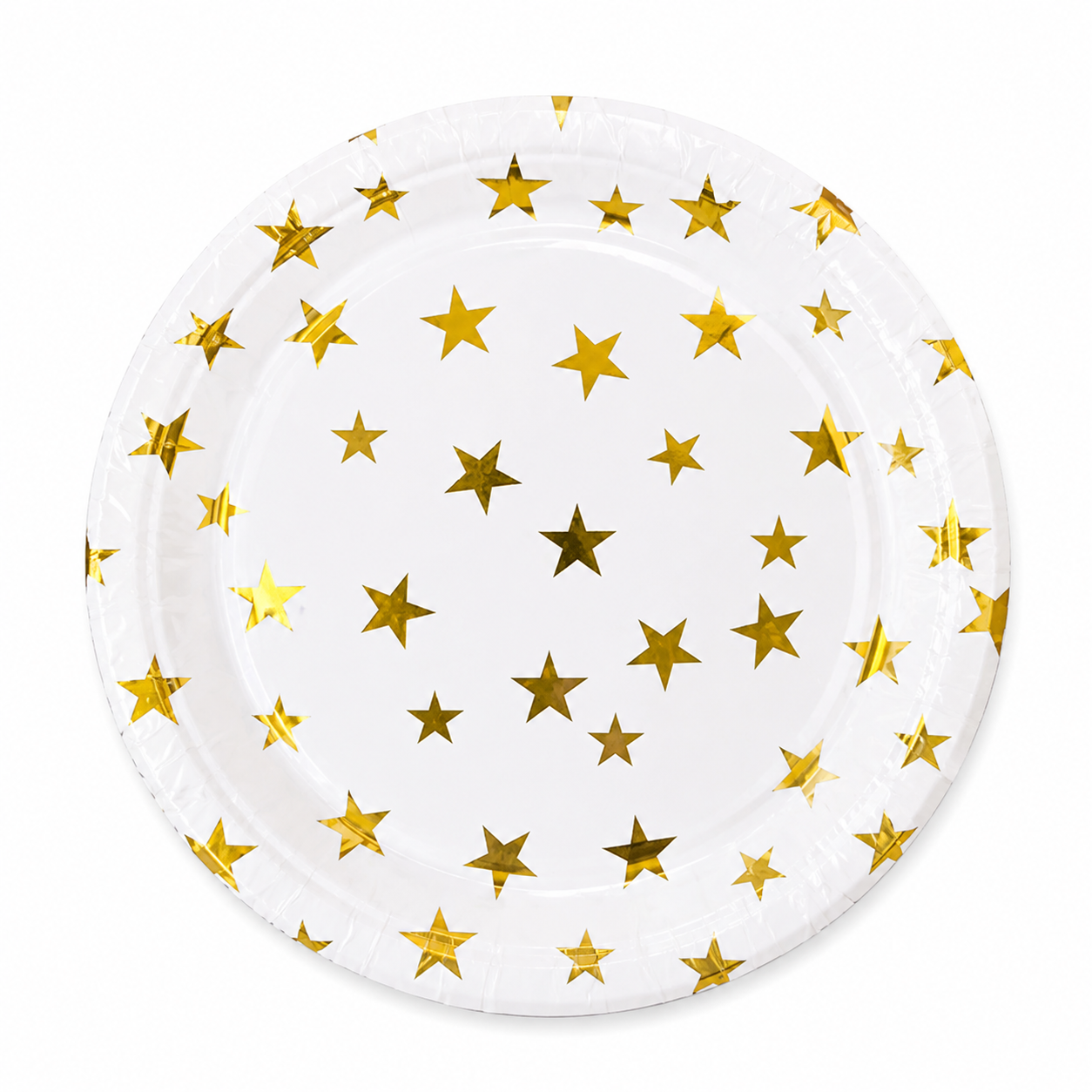 Gold Celebration Star Paper Plate with metallic foil stars on white background
