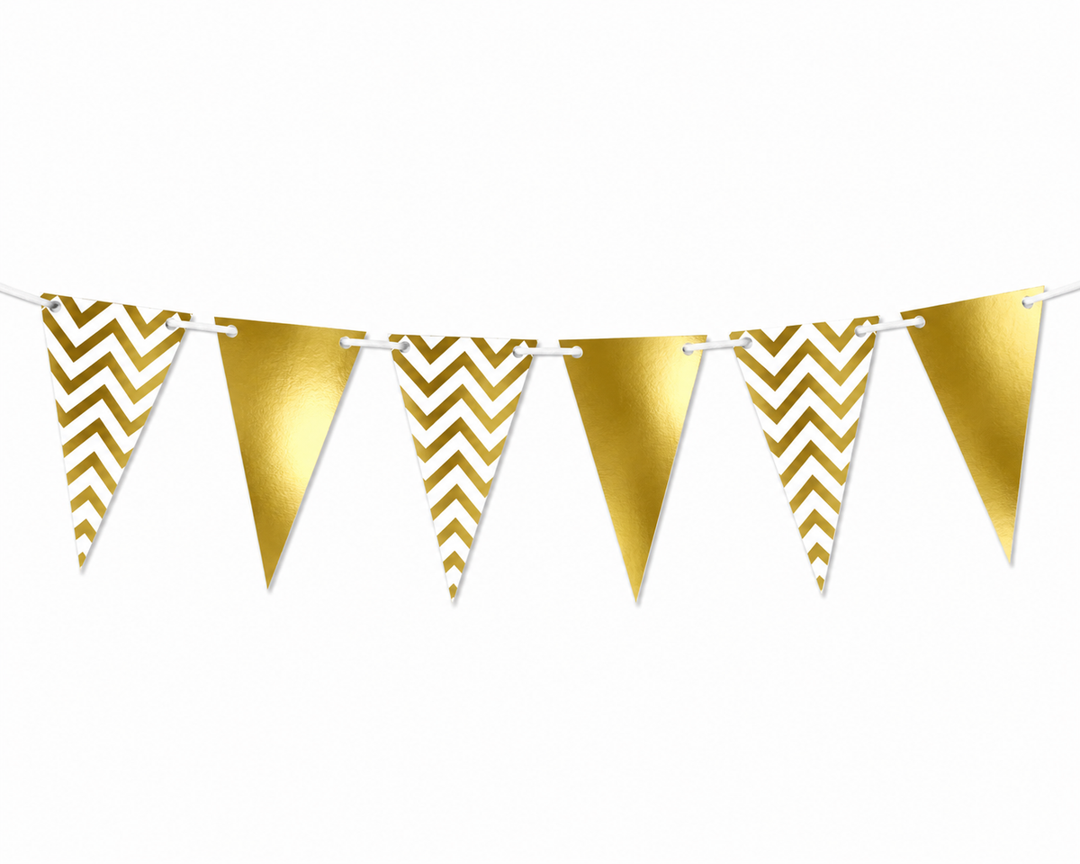 Gold foil bunting banner with alternating chevron and solid triangle flags on a white background.