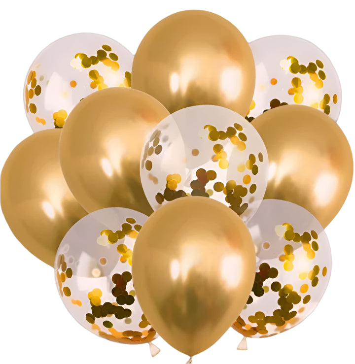A bunch of gold confetti balloons with transparent windows and gold confetti patterns, tied together.
