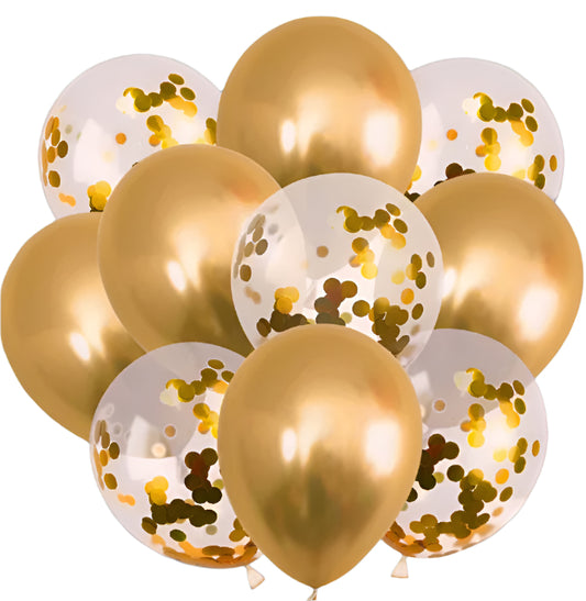 A bunch of gold confetti balloons with transparent windows and gold confetti patterns, tied together.