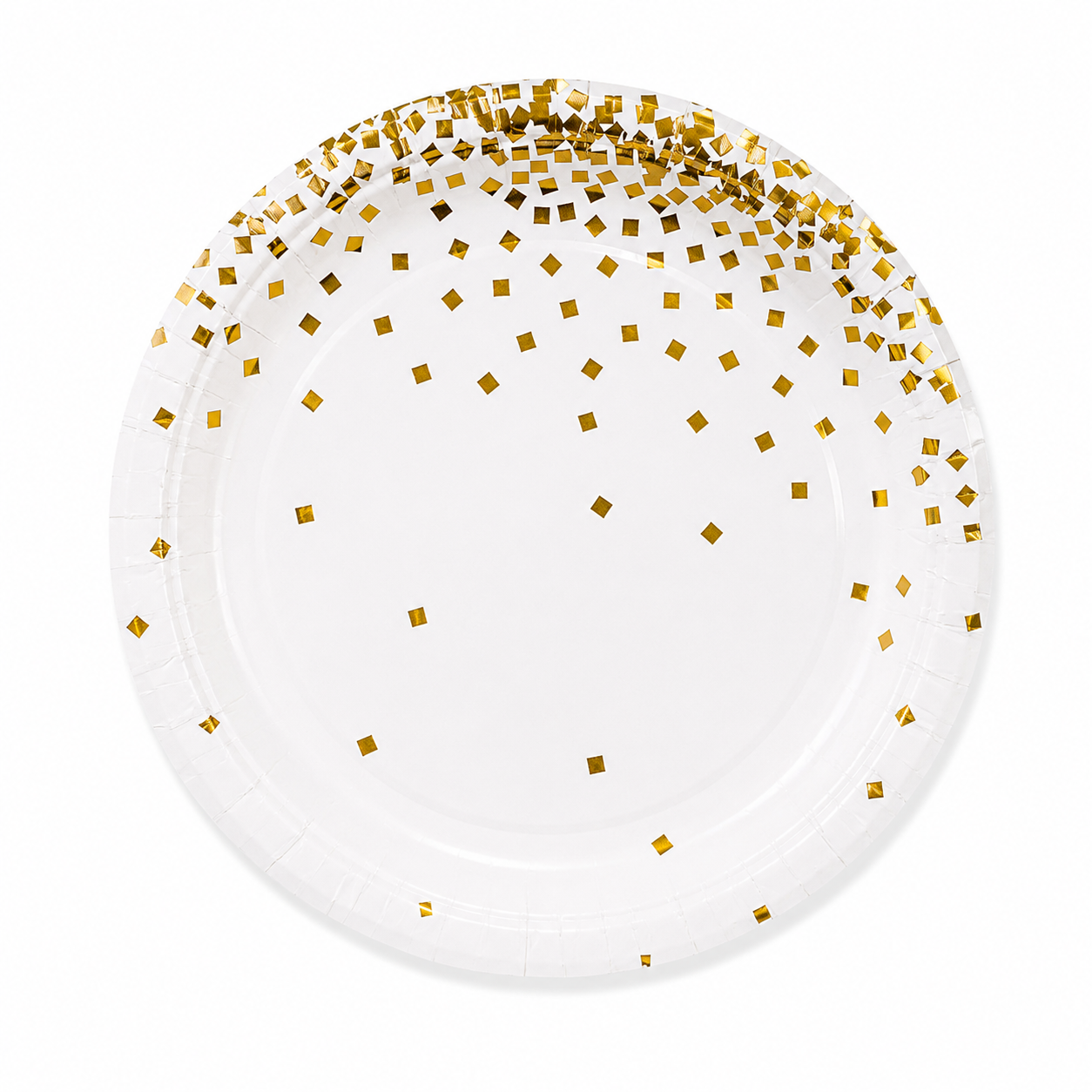 White paper plate with metallic gold confetti details on deep white background