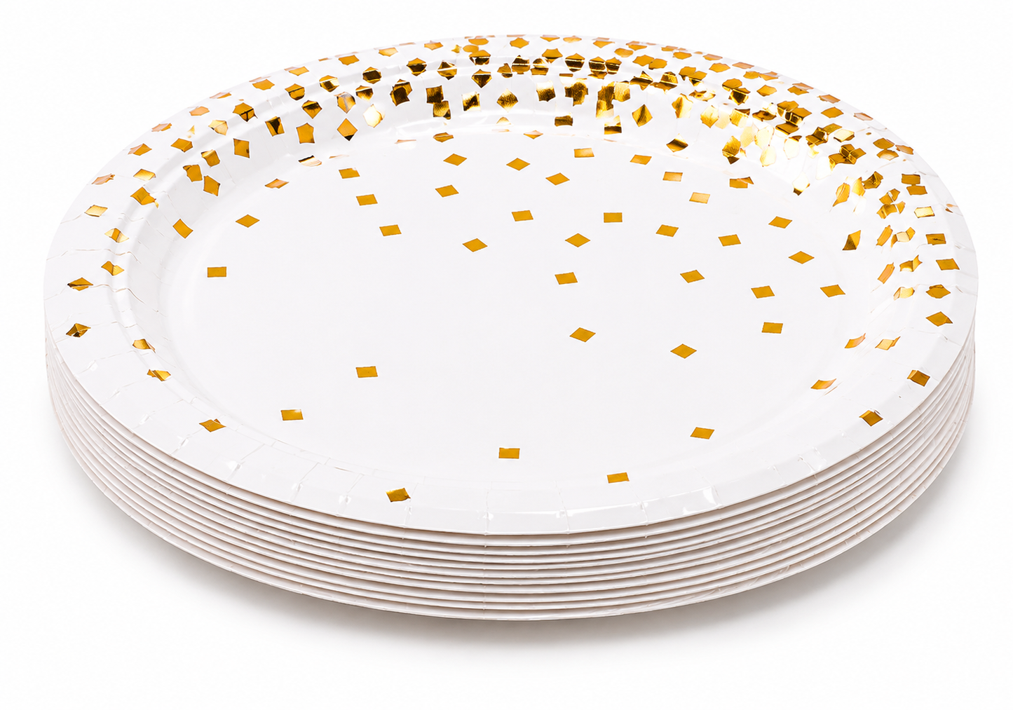 White paper plate with metallic gold confetti details on deep white background