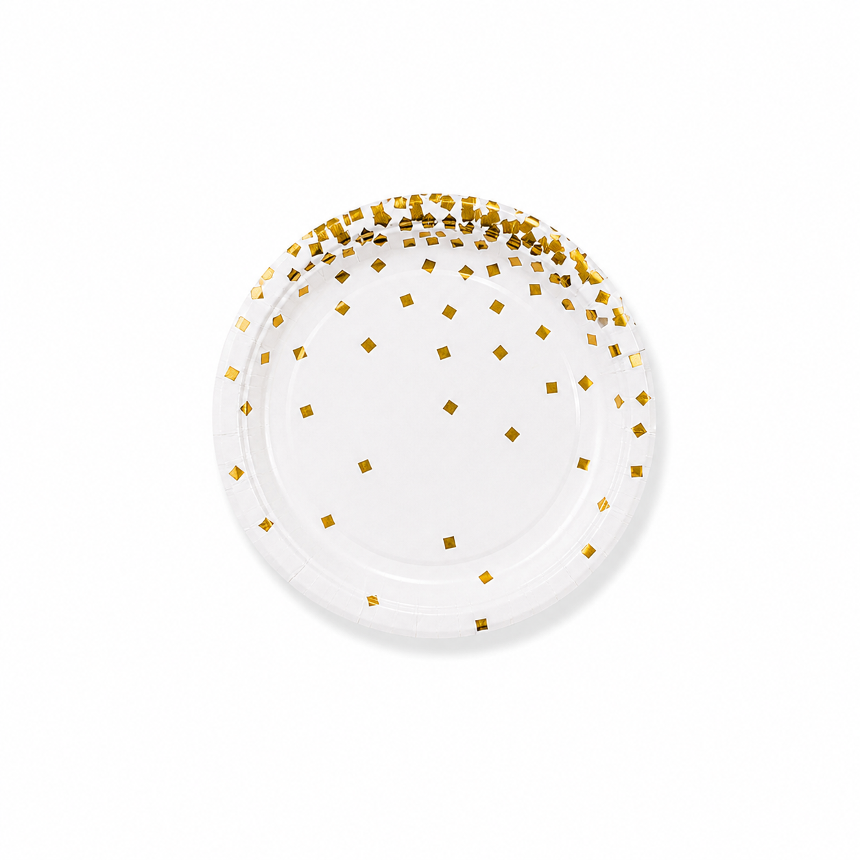 White paper plate with gold confetti pattern on a white background