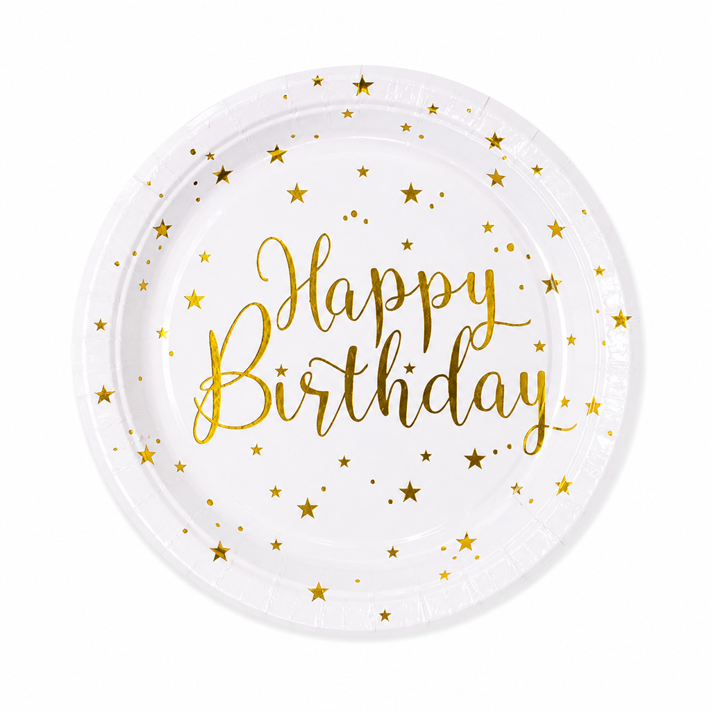 White paper plate with gold Happy Birthday lettering and metallic star details on white background