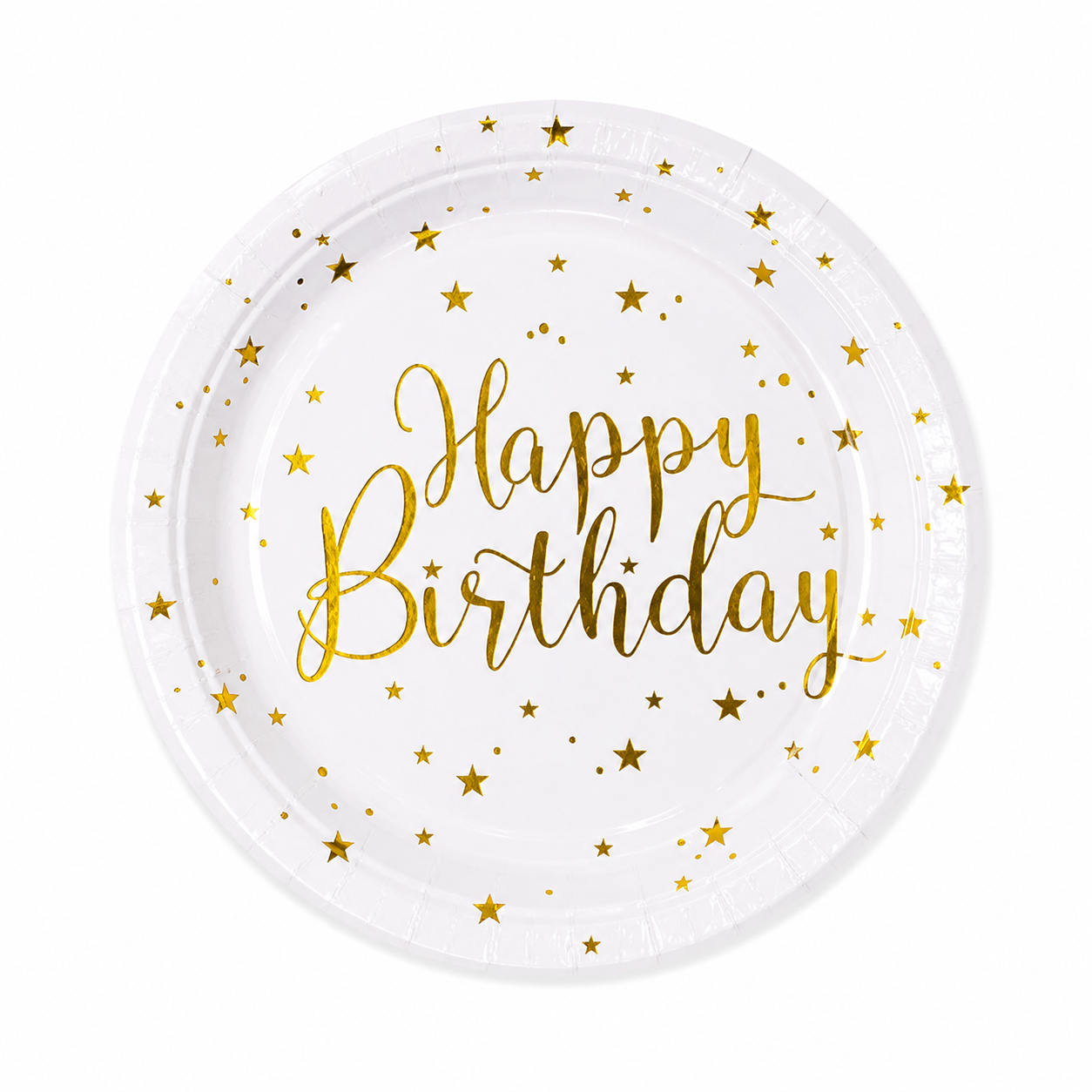 White paper plate with gold Happy Birthday lettering and metallic star details on white background
