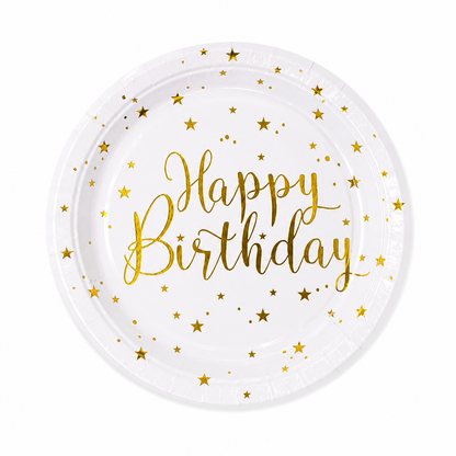 White paper plate with gold Happy Birthday lettering and metallic star details on white background