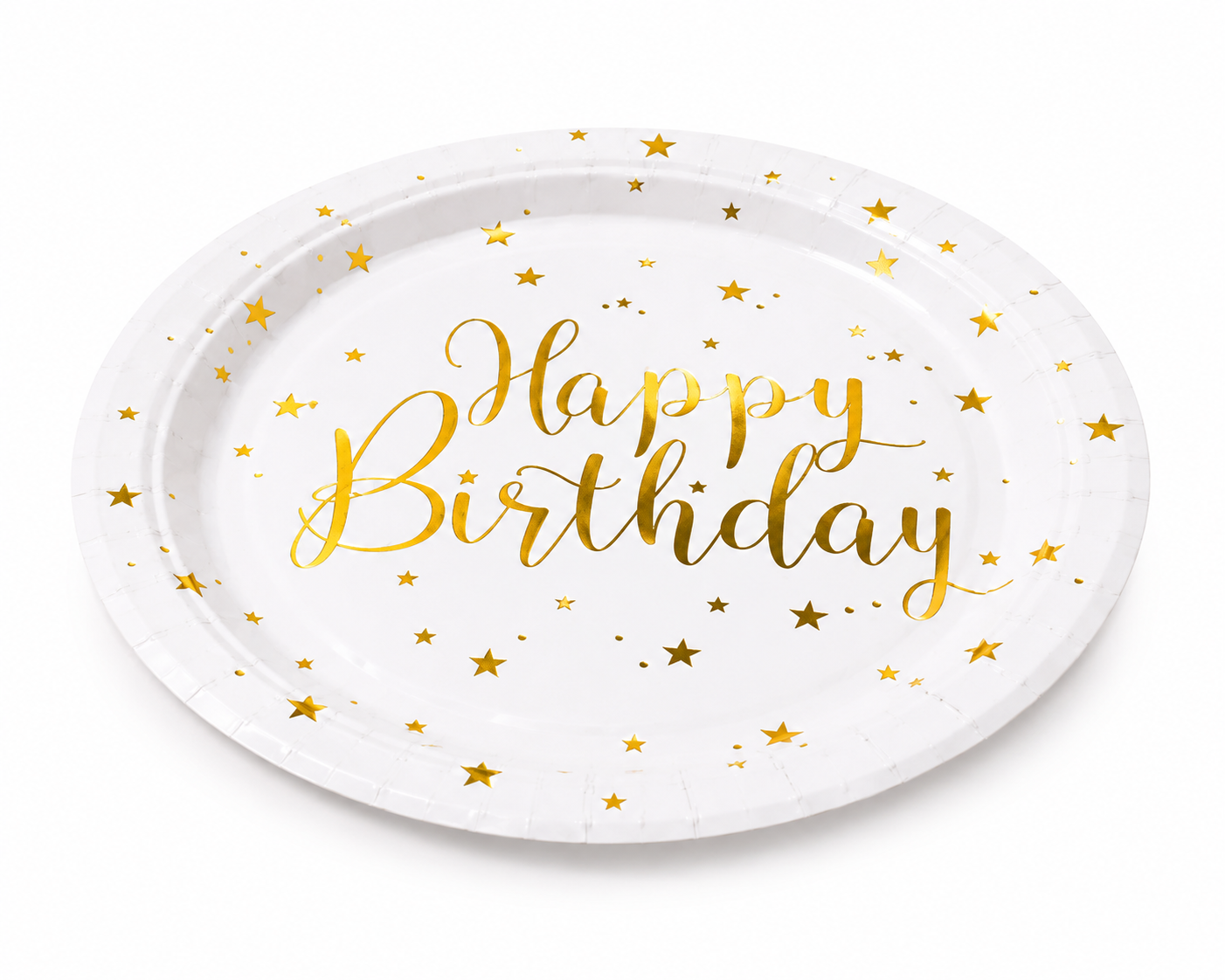 White paper plate with gold Happy Birthday lettering and metallic star details on white background