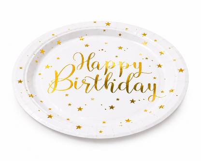 White paper plate with gold Happy Birthday lettering and metallic star details on white background