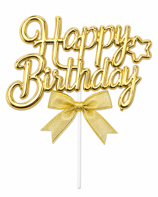 Gold 'Happy Birthday' cake topper with a bow on a white background