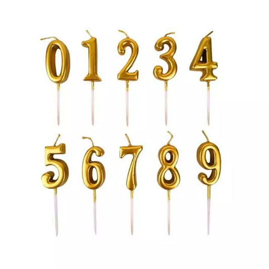 A collection of gold birthday candles shaped as numbers from 0 to 9, each attached to a stick.