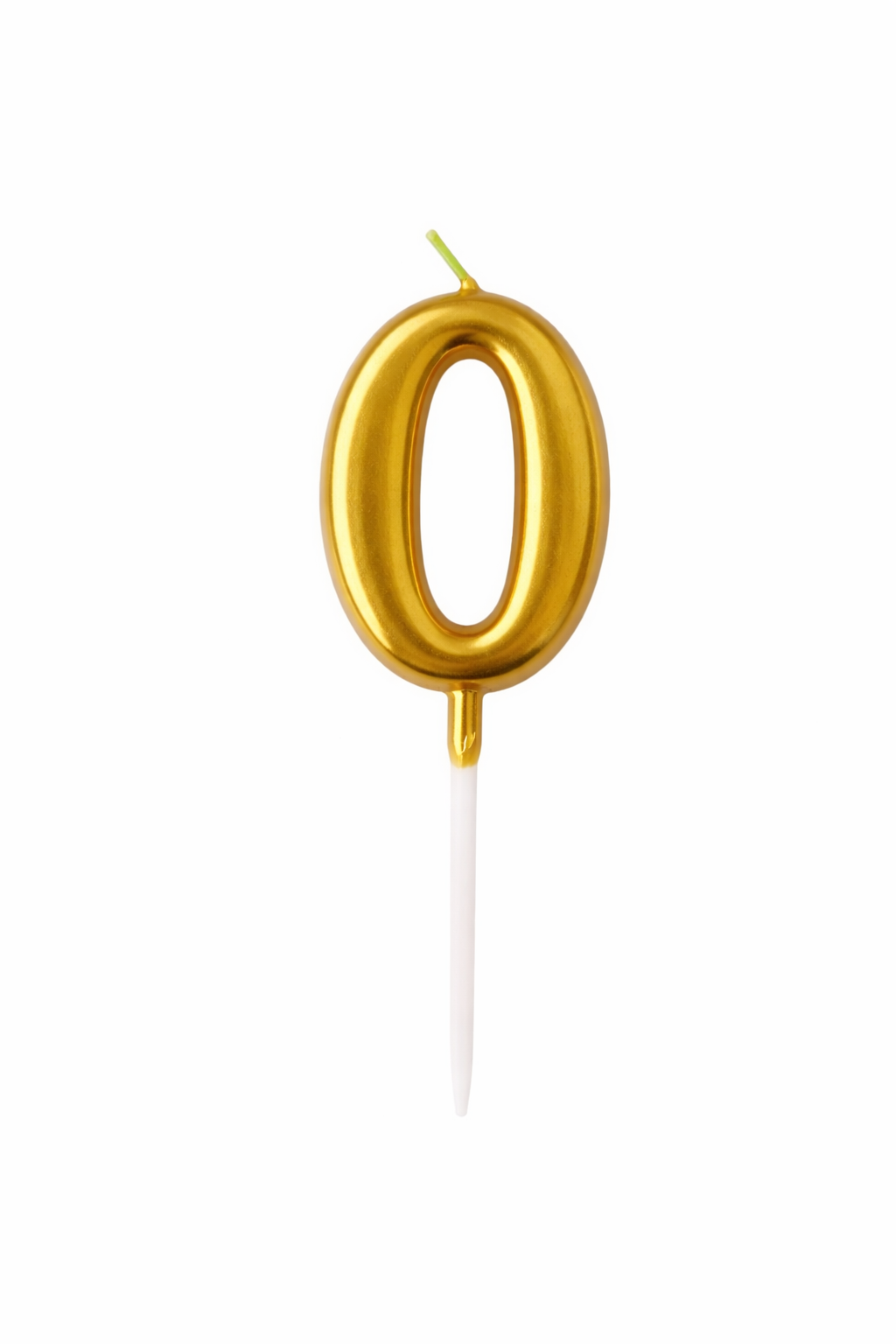 Gold number '0' candle on a white background