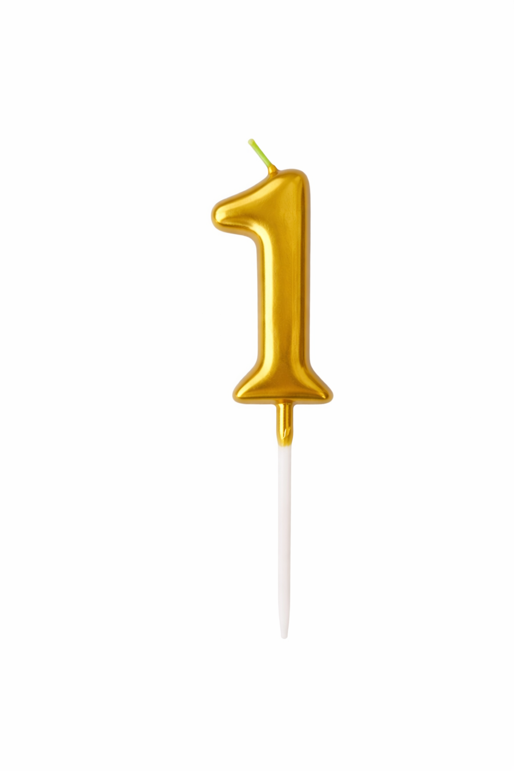 Gold number '1' birthday candle on a white background