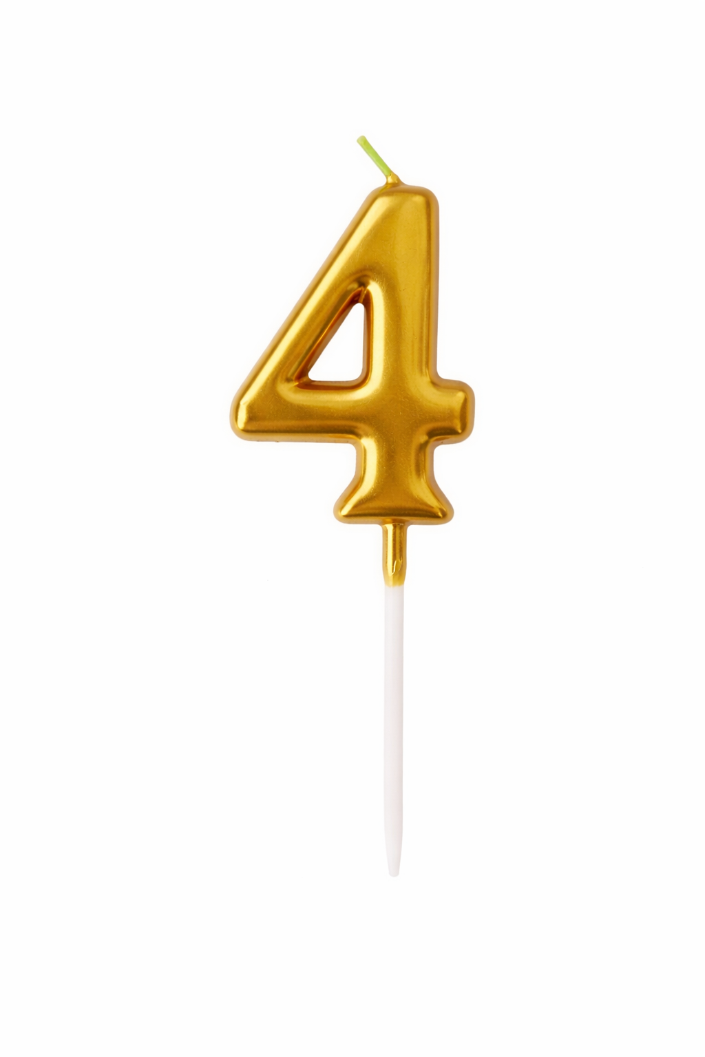 Gold number 4 birthday candle on a white background