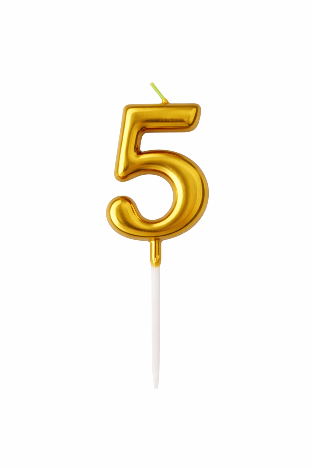 Gold number 5 birthday candle on a white background