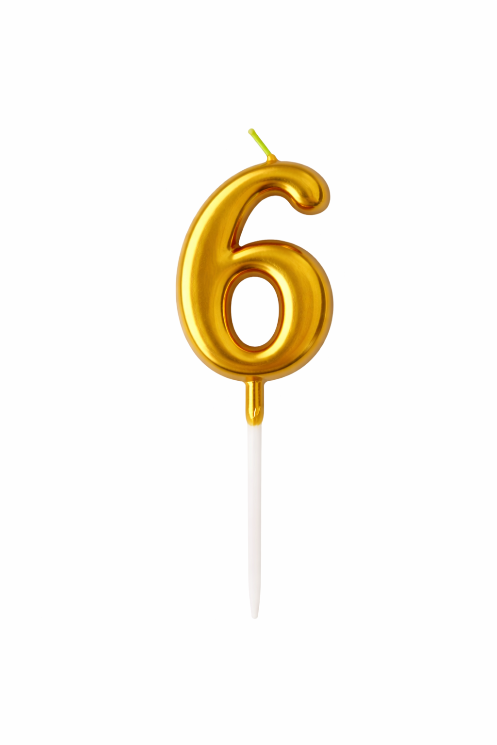 Gold number 6 birthday candle on a white background