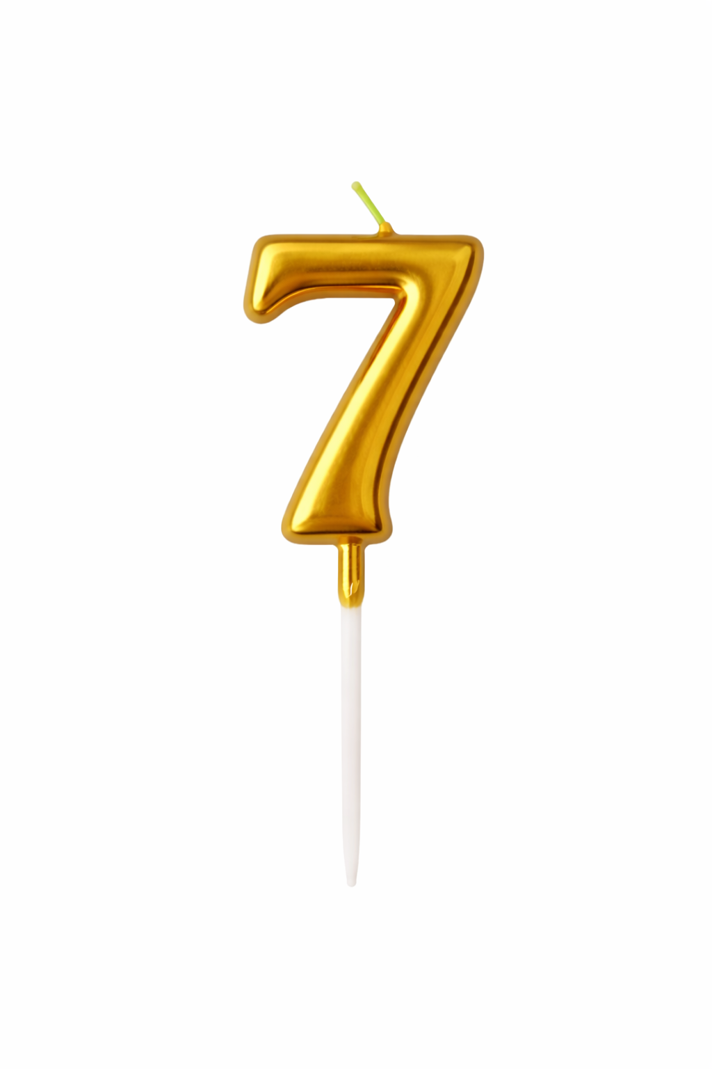 Gold number 7 candle on a white background