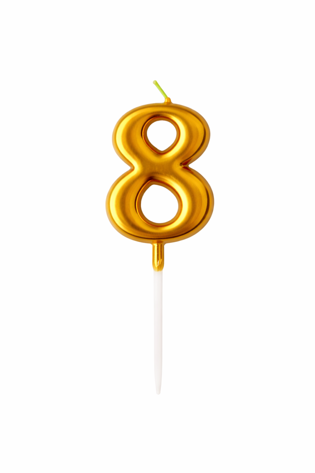 Gold number 8 candle on a white background