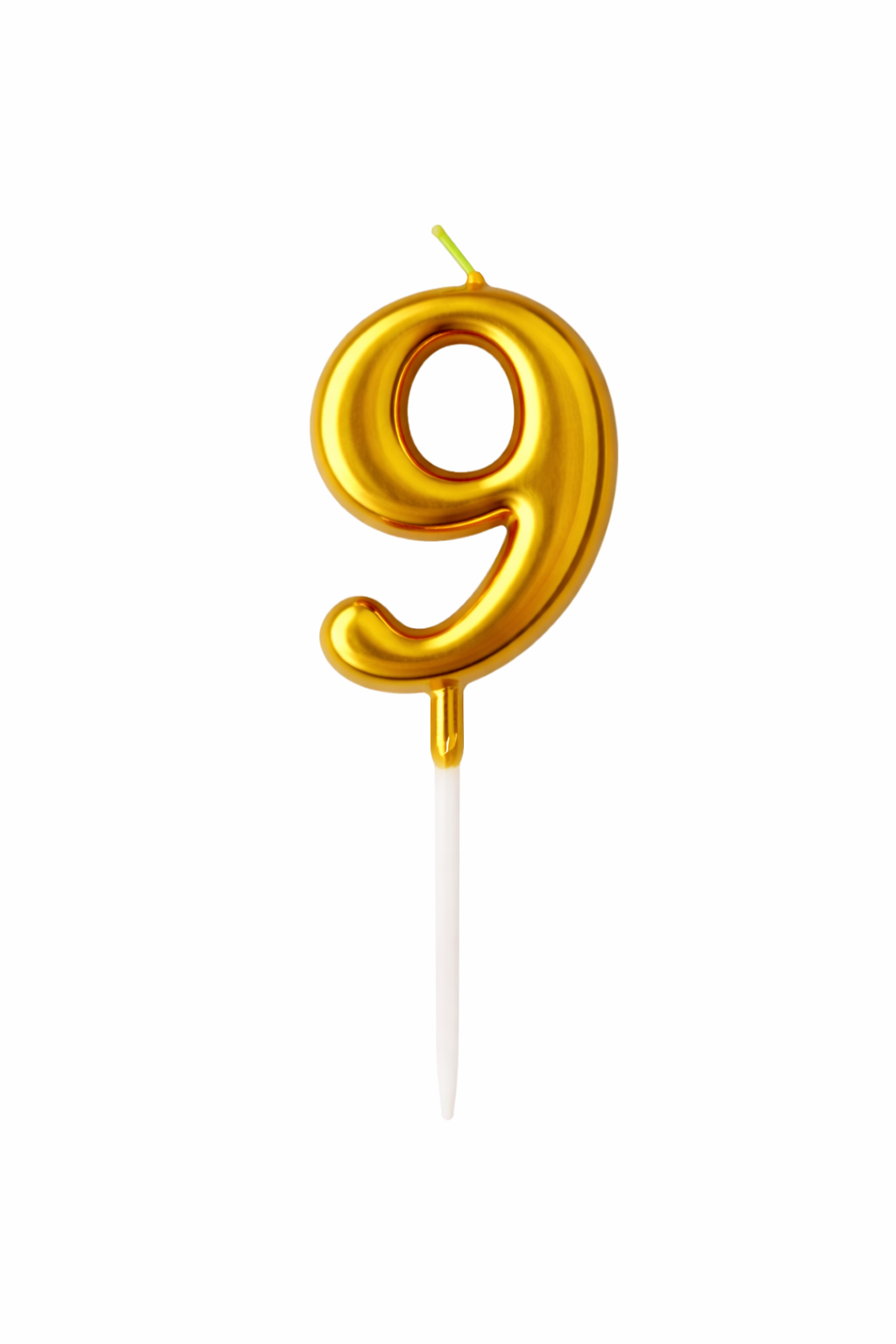 Gold number 9 candle on a white background