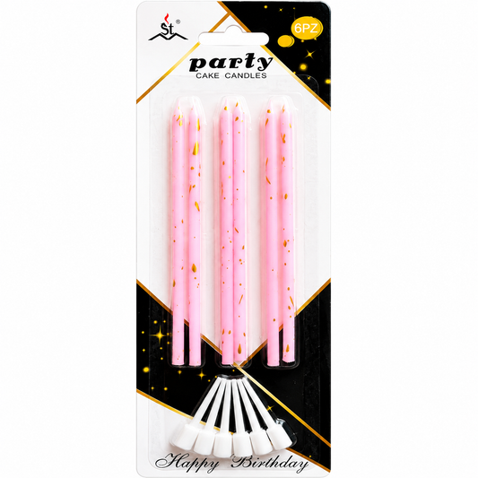 Six pink party cake candles with gold confetti speckles, packaged in a white and black card with 'party CAKE CANDLES' and 'Happy Birthday' text.