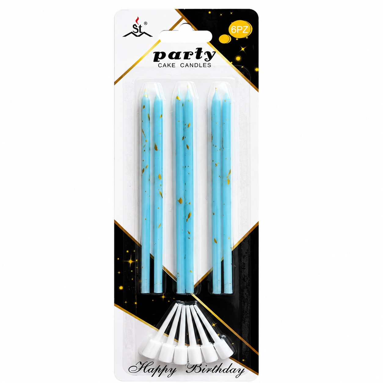 A 4-pack of light blue party cake candles with gold speckles, packaged in a clear blister pack with a white, black, and gold header card that reads 'party CAKE CANDLES' and 'Happy Birthday'.