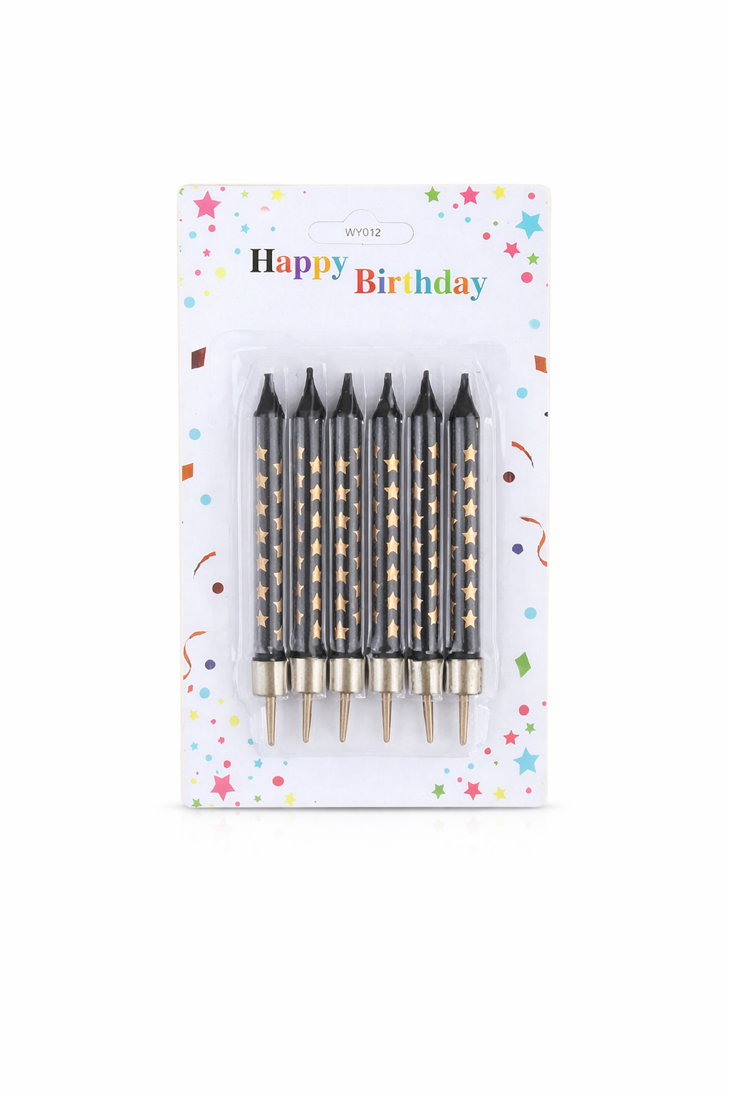Set of black birthday candles with gold tips in packaging labeled 'Happy Birthday' on a white background