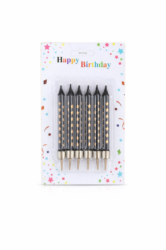 Set of black birthday candles with gold tips in packaging labeled 'Happy Birthday' on a white background