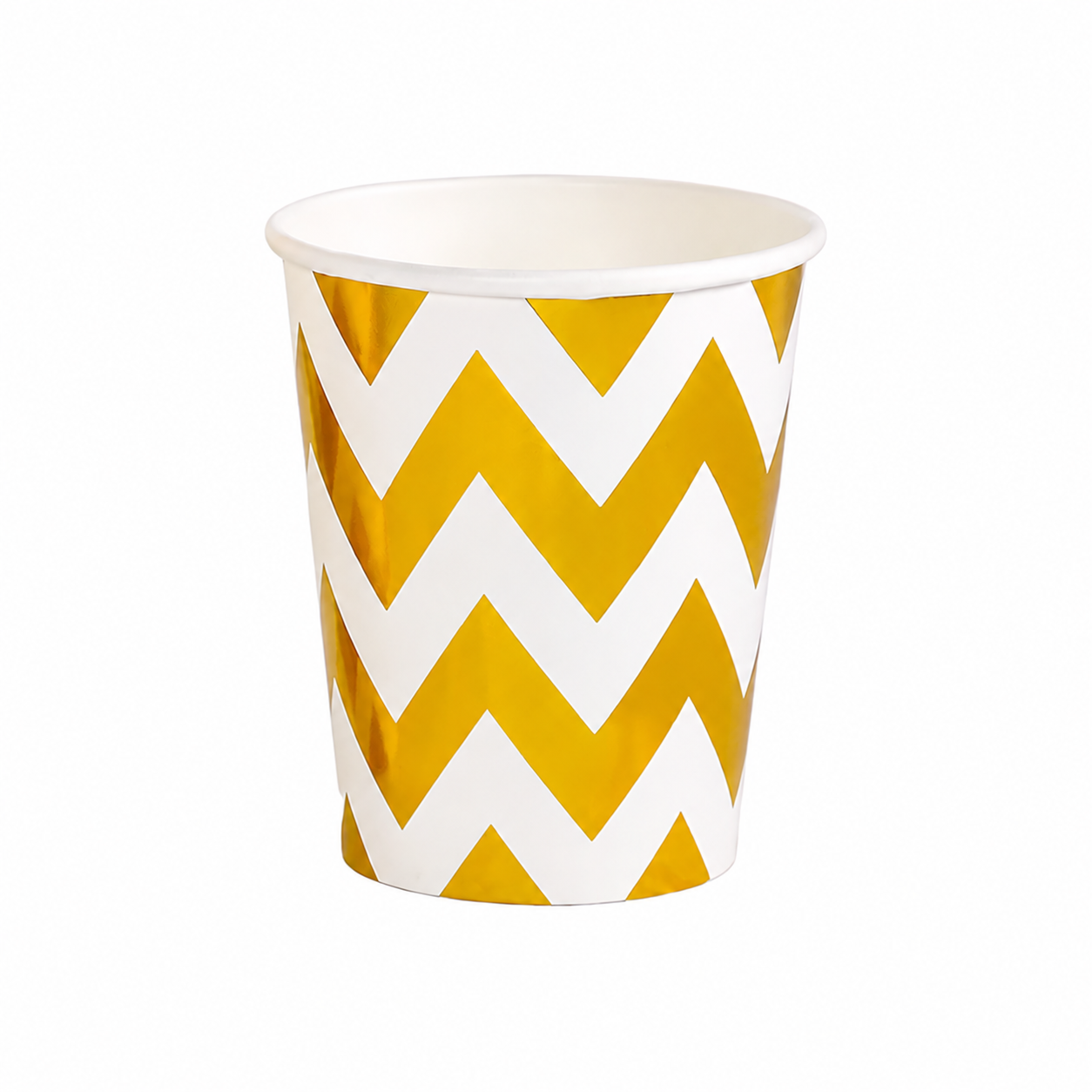 Gold Zigzag Paper Cups with metallic chevron design for parties and celebrations