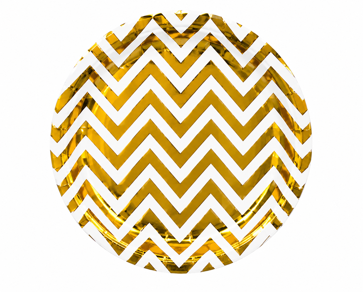 Stack of Gold Zigzag Paper Plates with metallic chevron pattern