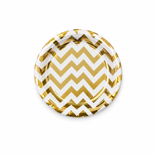 Gold Zigzag Paper Plates with metallic chevron pattern