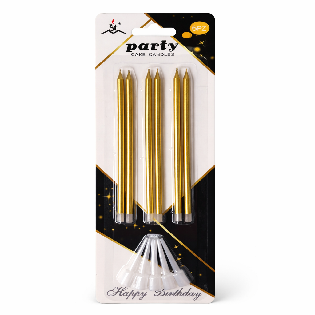 Gold cake candles in packaging with 'Happy Birthday' text on a white background