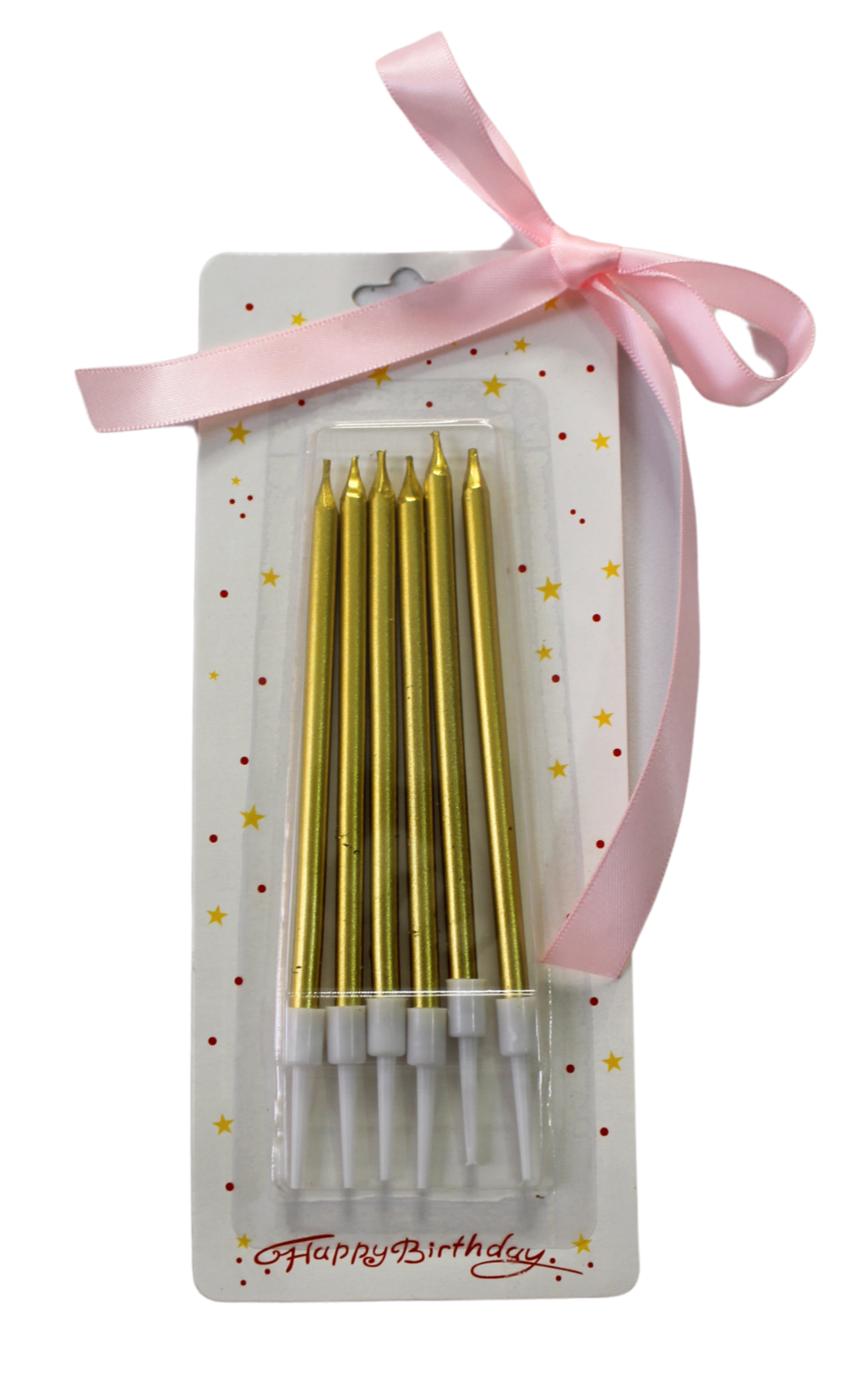 A pack of six golden birthday candles with a pink bow on a white card.
