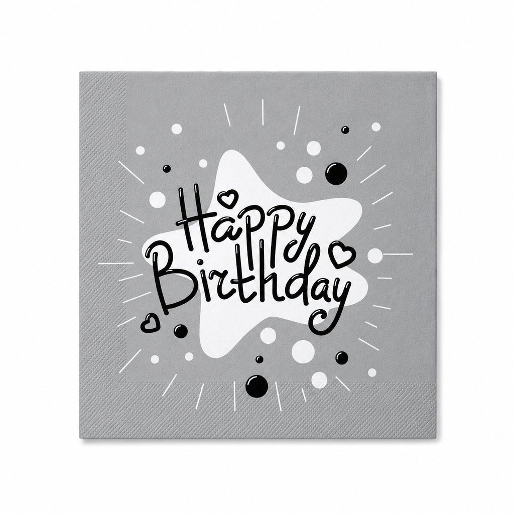 Gray "Happy birthday" napkin with starburst design


