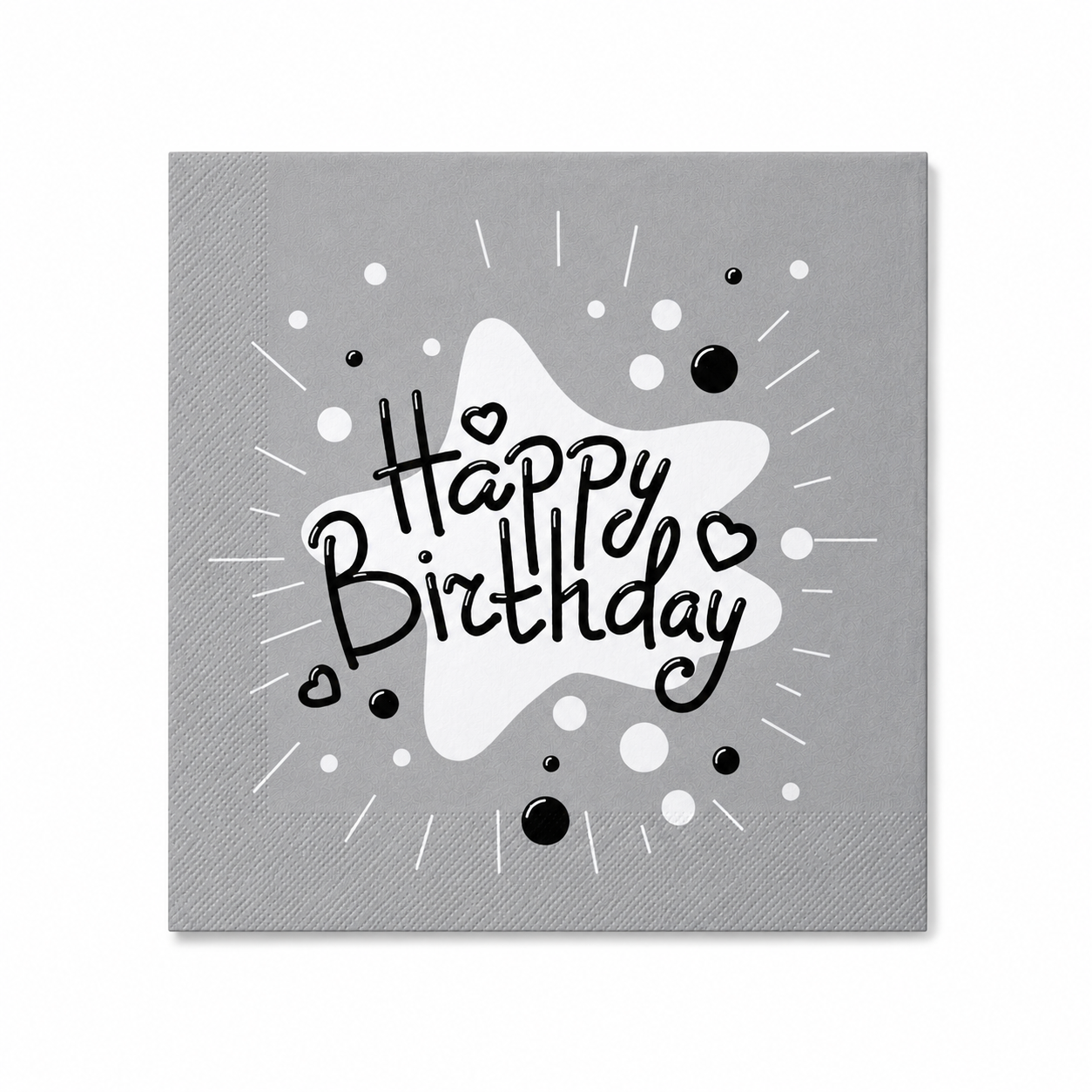 Gray "Happy birthday" napkin with starburst design

