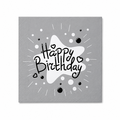 Gray "Happy birthday" napkin with starburst design

