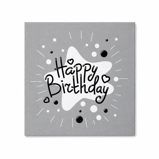 Gray "Happy birthday" napkin with starburst design

