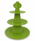 Green three-tiered paper cupcake stand on a white background